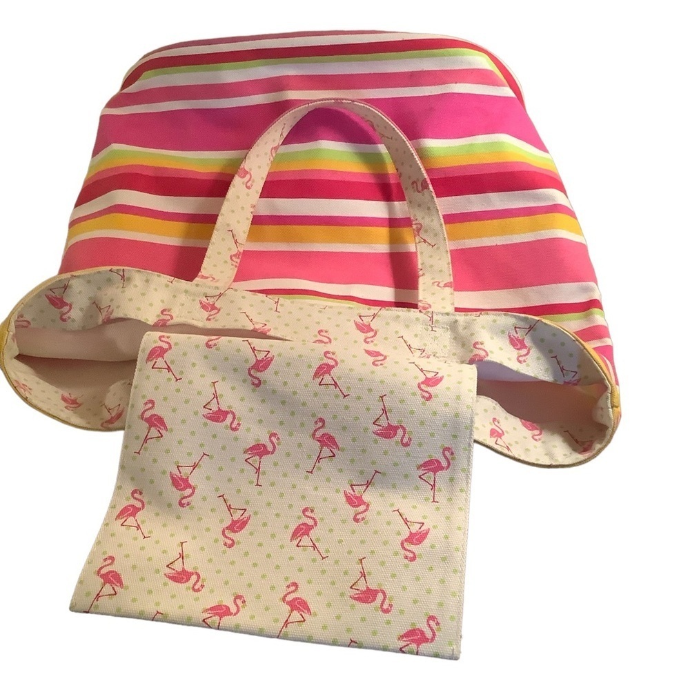 Striped Canvas Flamingo Beach Tote Bag - Picture 4 of 8